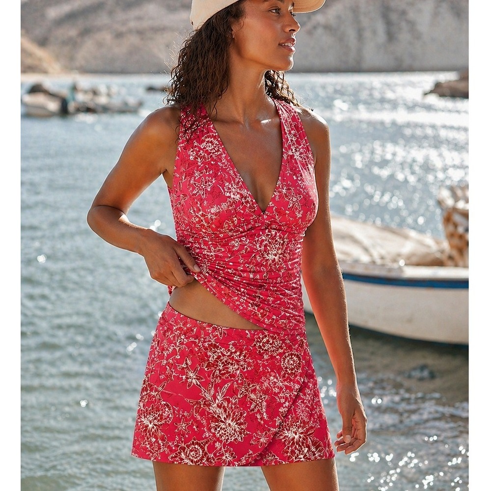 NWT Garnet Hill Shoreline Ruched Swim Skirt Wrap Womens 6 Sangria Sea Floral Red